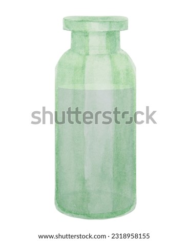 Watercolor green glass bottle. Clip art, drawing, sketch, illustration. Stylish original hand-drawn graphic. Fashion, spa, beauty, cosmetics, medicine.