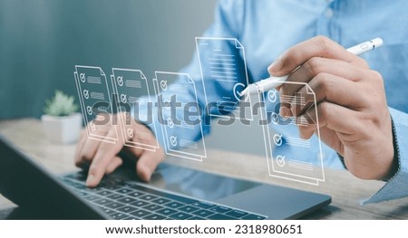 Concept checklist online survey business Efficient document form project management, evaluation, auditing, quality control standards check mark isocertified symbol commercial warranty Royalty-Free Stock Photo #2318980651
