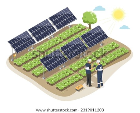 Smart Solar Farming with agriculture system solar panels between vegetable  fram area ecology  isometric isolated cartoon vector Royalty-Free Stock Photo #2319011203