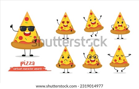 cute slice of pizza cartoon with many expressions. different activity pose vector illustration flat design set with sunglasses.