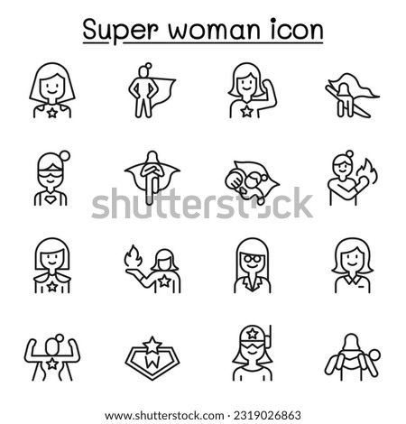 Super woman icon set in thin line style