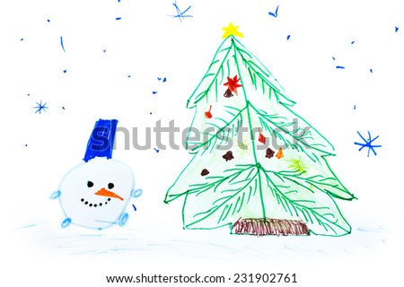 Snowman at a Christmas fir-tree. Children's drawing.