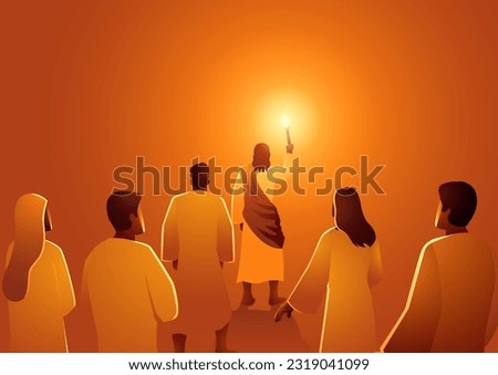 Biblical silhouette illustration series, Jesus leads the group of followers with torch, Jesus is the light of the world