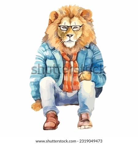 watercolor lion wearing clothes playfull funny white background isolated