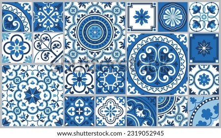 Mediterranean tile abstract geometric floral patterns. Portuguese culture, in blue and white. Vector illustration Royalty-Free Stock Photo #2319052945