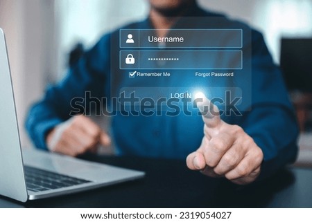 Businessman use laptop login register username and password identity on webpage concepts of cyber security, internet access, join social or personal data protection or forget pass key unlock. Royalty-Free Stock Photo #2319054027