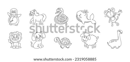 Animals Cute Funny Set of Drawings Vector black and white illustration Isolated on a white 