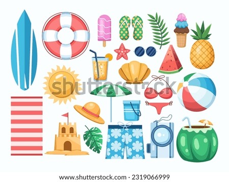 Vector cartoon illustration collection of summer beach themed clip art elements.
Summer colorful objects collection.
Perfect for summer related project, sticker, icon, etc