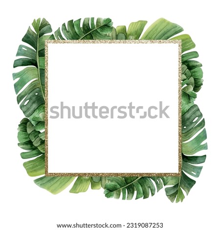 Square tropical palm leaves gold frame watercolor illustration with copy scape for text isolated on white background for labels, thank you stickers, sale coupons or summer wedding invitation