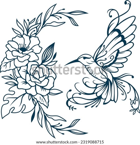 Abstract Hummingbirds Tattoo Silhouette with Floral Accent