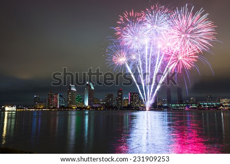 San Diego 4th of July fireworks over skyline. Long exposure night capture.
