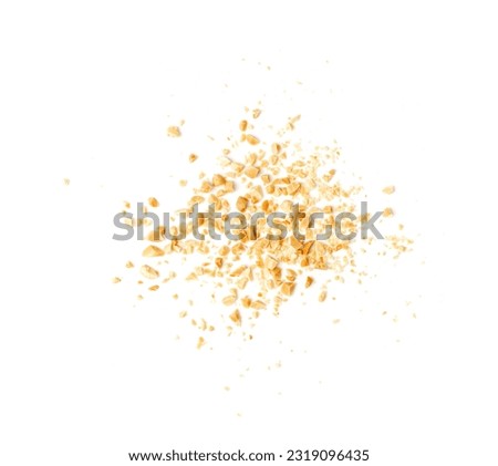 Crumbled Peanuts Isolated, Broken Roasted Arachis Nuts, Heap of Pea Nut Crumbs, Whole Groundnut Pieces, Peanut Fractions Top View on White Background Royalty-Free Stock Photo #2319096435