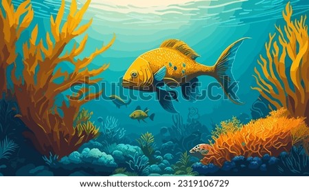 Underwater vector background. Life at sea or ocean bottom. Exotic undersea world with coral reef, colorful fish, cute underwater creatures. Marine landscape, seascape Royalty-Free Stock Photo #2319106729