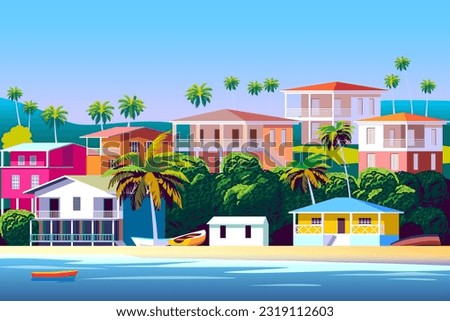 Tropical Island cityscape with traditional houses, palms and green trees in the background. Handmade drawing vector illustration. Royalty-Free Stock Photo #2319112603
