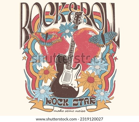 Heart rock music logo. Rock and roll tour t shirt print design. Rockstar vector artwork. Rose flower graphic illustration. Music poster. Guitar and butterfly artwork.