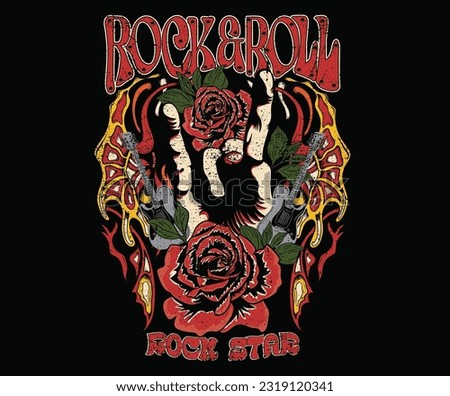 Rose flower graphic illustration. Hand rock and roll t shirt print design. Rockstar vector artwork. Music poster. Guitar and butterfly artwork.