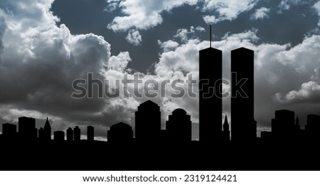 New York skyline silhouette with Twin Towers on background of black and white sky. 09.11.2001 American Patriot Day banner. Royalty-Free Stock Photo #2319124421