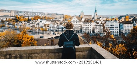 travel tourism mountains holiday photo - Girl with backpack walking and hiking on Alps Royalty-Free Stock Photo #2319131461