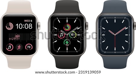 Smartwatch collection, realistic icons isolated on white, technology electronic gadgets, wrist watch vector illustration, interesting modern electronic bands set. Royalty-Free Stock Photo #2319139059