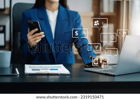 professional investor working new start up project. tablet laptop computer with digital marketing media  in virtual icon design Finance managers meeting.