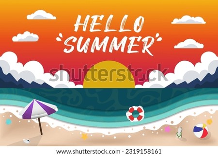 Vector Paper Cut Hello Summer with Sunset and Beach Realistic Illustration