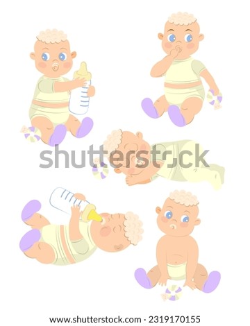New born baby clip art. Toddlers with toys and milk bottle. Crawling and sleeping little children.