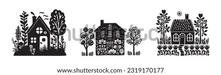 Set of rustic cottage motif in homestead vintage style. Vector illustration of whimsical rural country house. 