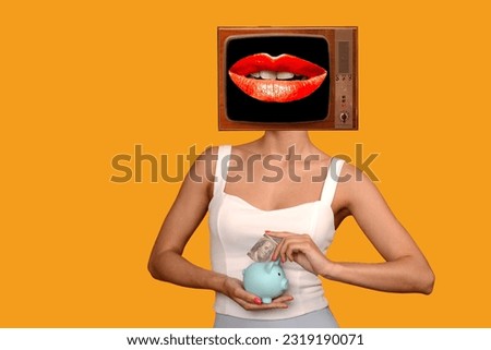 Contemporary art collage, woman with old tv instead of head. hand putting 100 dollars into piggy for saving money wealth and financial concept.