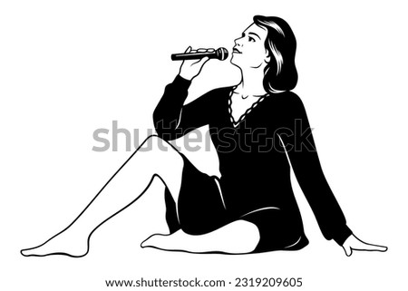 A Barefoot Singer Woman Sitting on a floor, or piano, or table, or something else. Stencil silhouette. Vector clipart isolated on white.