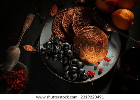 Tasty food- clip art. Pancakes- morning breakfast table. Still life - dark photo style. Culinary background - appetizing mood