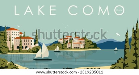 Vector illustration. Background nature. Italy, Lake Como. Tourism, travel. Background for travel website, book illustration. Background for packaging. Royalty-Free Stock Photo #2319235011