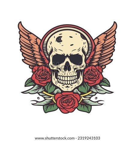 skull wings and roses illustration hand drawn logo design