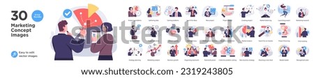 Business Marketing illustrations. Mega set. Collection of scenes with men and women taking part in business activities. Trendy vector style Royalty-Free Stock Photo #2319243805