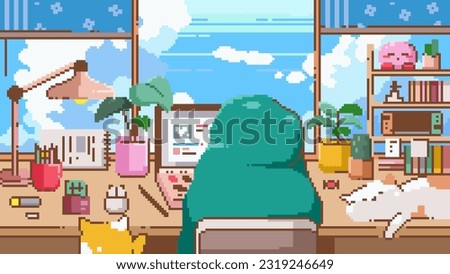 Cozy Pixel Art LoFi Banner. 8bit Girl in Blanket with Laptop, Geek and Gamer Elements in a Comfy Room with Cats and Starry Sky View. Perfect for Social Media Decor, Banner, Poster or Gaming Design.  Royalty-Free Stock Photo #2319246649