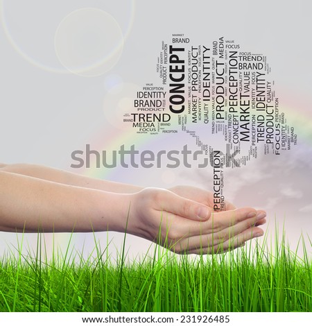 Concept conceptual tree word cloud tagcloud in man or woman hand on rainbow sky grass background, metaphor to business, trend, media, focus, market, value, product, advertising, sale or corporate
