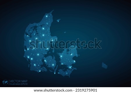 Denmark map radial dotted pattern in futuristic style, design blue circle glowing outline made of stars. concept of communication on dark blue background. Vector EPS10 Royalty-Free Stock Photo #2319275901