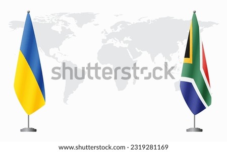 Ukraine and South Africa flags for official meeting against background of world map.