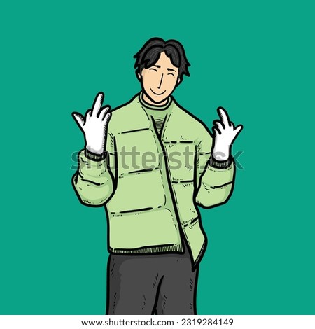 Man or boy or guy with bad on hand sign when winter come isolated on green background vector modern illustrations