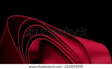 Abstract 3D red background with curvy fabric ruffles and abstract layered textile shape. Modern textured background with realistic geometric shapes.