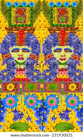 The Egyptian mosaic on pyramid walls stylization made from flowers. Handmade art collage background