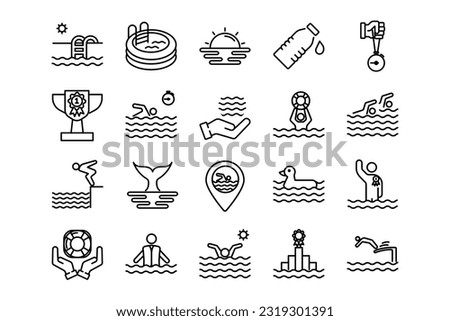 Swim lines icon set. Swim genres and attributes. Linear design. Lines with editable stroke. Isolated vector icons. Royalty-Free Stock Photo #2319301391