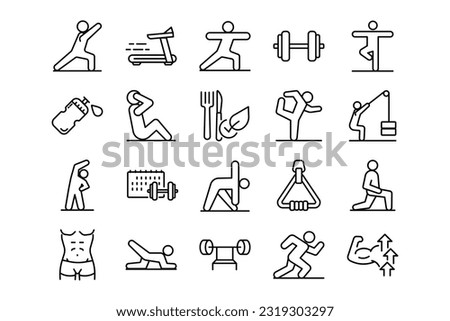 Gymnastics and Yoga lines icon set. Gymnastics and Yoga genres and attributes. Linear design. Lines with editable stroke. Isolated vector icons. Royalty-Free Stock Photo #2319303297