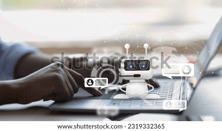 Unrecognizable african american businesswiman sitting at desk, typing on laptop keyboard at office, using chatbot. Online assistant, Artificial Intelligence AI and business solutions concept, collage