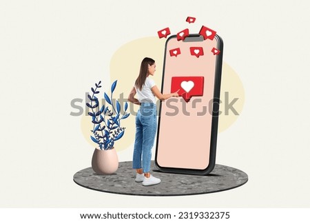 Woman touching huge display panel with heart icons on screen and above smartphone, like and recommens button, colorful background, creative collage