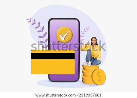 I recommend remote banking. Happy woman sitting near giant cellphone and credit card, showing thumb up, purchasing in web store, buying on internet, creative collage Royalty-Free Stock Photo #2319337681