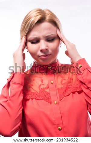 Beautiful caucasian business woman with headache. Over white background.