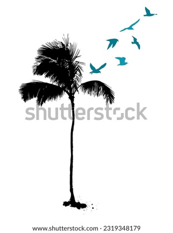 Palm tree silhouette object with flying seagulls. Vector illustration
