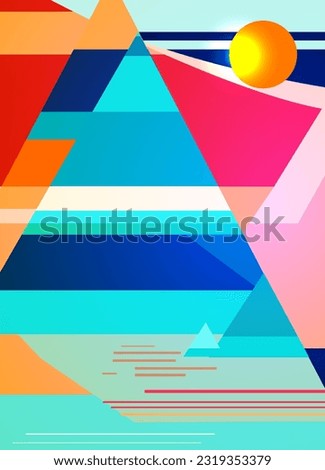 abstract geometric landscape with sun, mountains and sea. Bright vector illustration