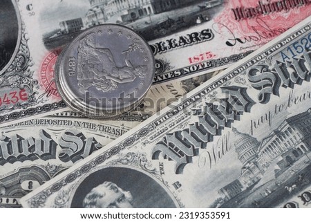 Old west period US banknotes and silver certificates with silver dollar coins