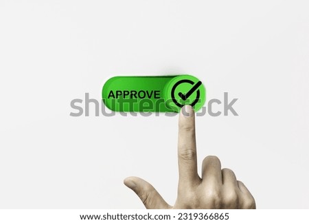 Hand touching green toggle switch to change status from reject to accept  for tick correct mark to approve document and project concept.
